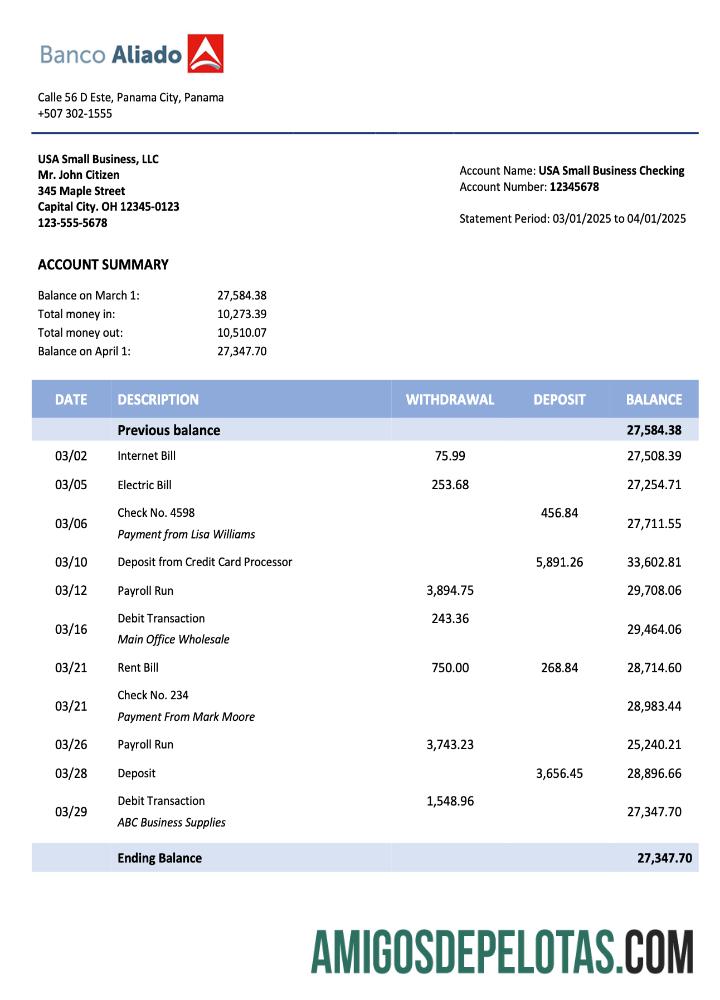 Em branco Panama Banco Aliado Company Checking Account Statement Word And PDF modelo